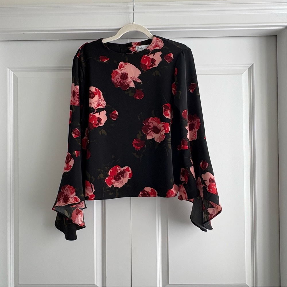Carmen Marc Valvo Black and Red Floral Blouse
